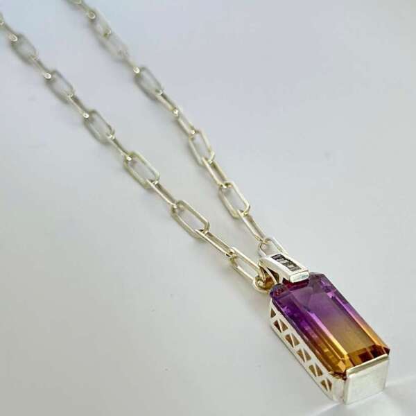 Dark Ametrine rectangular pendant with zircons baguette and silver linked chain