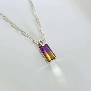 Dark Ametrine rectangular pendant with zircons baguette and silver linked chain