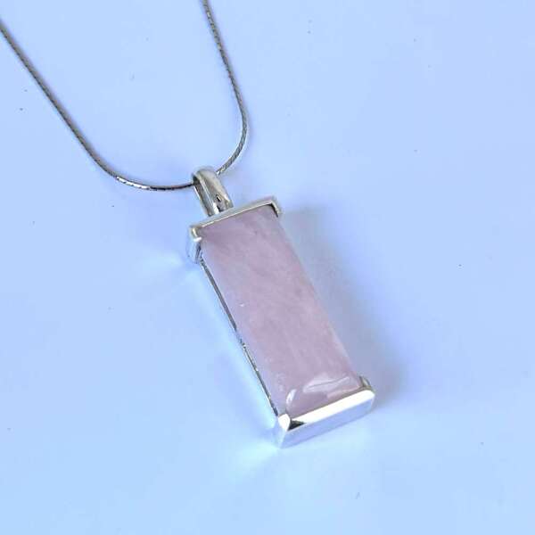 Pink quartz rectangular pendant with silver chain